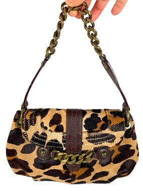 J Crew Collection Leopard Print Calf Pony Hair Leather Purse Bag Chain Handles